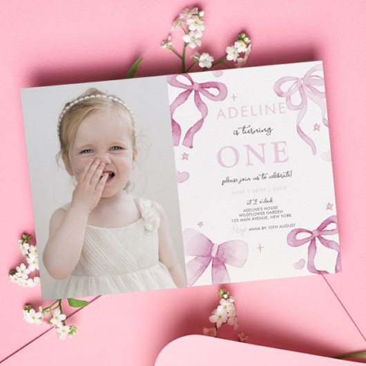 1. Geburtstagsmädchen Pink Bow Extravagant 1 Niedl Einladung