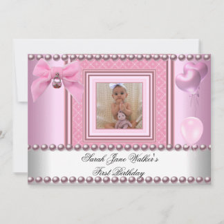 1. Geburtstagsmädchen Pink Weißes Pearl Foto Erste Einladung