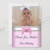 1. Geburtstagsmädchen Pink Weißes Pearl Foto Erste Einladung (Vorderseite)