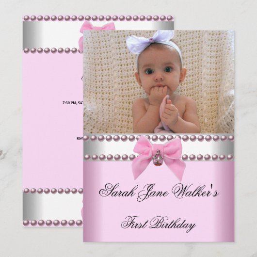 1. Geburtstagsmädchen Pink Weißes Pearl Foto Erste Einladung (Vorne/Hinten)