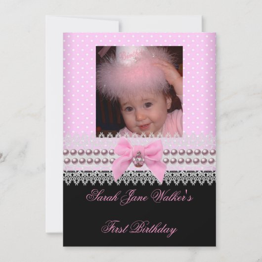 1. Geburtstagsmädchen Pink Weißes Pearl Foto Erste Einladung (Vorderseite)