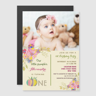 1. Geburtstagsmädchen Pumpkin Pink Floral Foto Magneteinladung