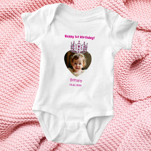 1. Geburtstagsname Foto Pink Tiara Mädchen Baby Strampler