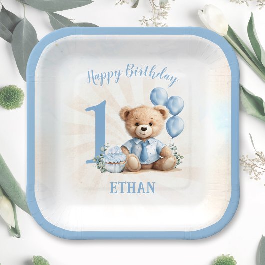 1. Geburtstagsnummer Bear Blue Square Paper Teller