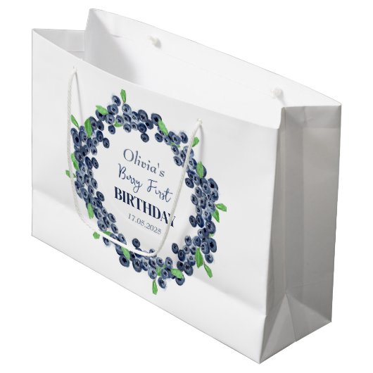 1. Geburtstagsparty Blueberry Baby Girl Große Geschenktüte (Vorderseite Schrägansicht)
