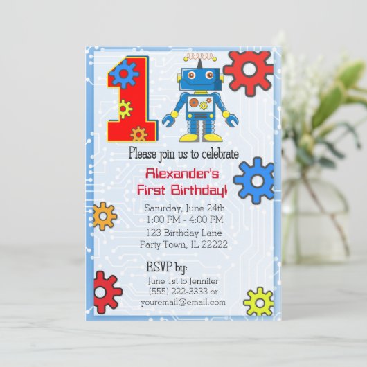 1. Geburtstagsrobot Einladung (Stehend Vorderseite)