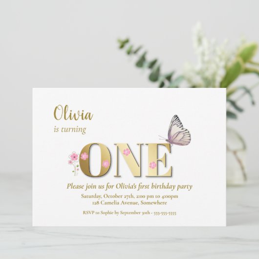 1. Geburtstagsschmetterling-Party Einladung (Stehend Vorderseite)