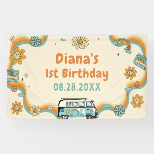 1. Groovy Babe Retro Rainbow 1. Geburtstag Banner (Horizontal)