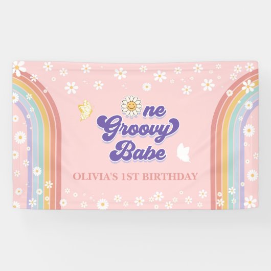1. Groovy Babe Retro Rainbow 1. Geburtstag Banner (Horizontal)