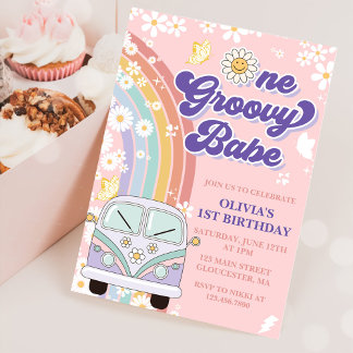 1. Groovy Babe Retro Rainbow 1. Geburtstag Einladung