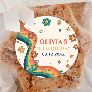 1. Groovy Babe Retro Rainbow 1. Geburtstag Runder Aufkleber