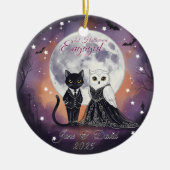 1. Halloween Verlobt Cat Owl mit Name Keramik Ornament (Vorne)