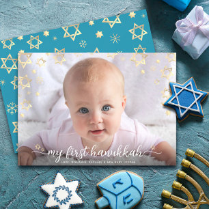 1. Hanukkah Baby Foto Script Gold Star von David Feiertagskarte
