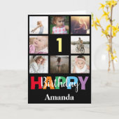 1. Happy Birthday Foto Collage Modern Black Card Karte (Gelbe Blume)