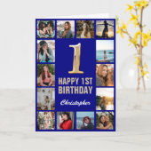 1. Happy Birthday Navy Blue & Gold Foto Collage Karte (Gelbe Blume)