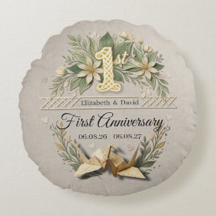 1. Hochzeitspapier-Jubiläum Papercut-Kran Foto Rundes Kissen