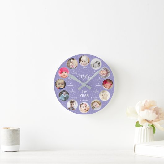 1. Jahr der Fotos Girl Lila Polka Dots Kinderzimme Runde Wanduhr (Zuhause)