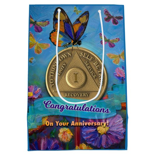 1 Jahr OM Jubiläum Münzschmetterlinge Blume Mittlere Geschenktüte (Rückseite)