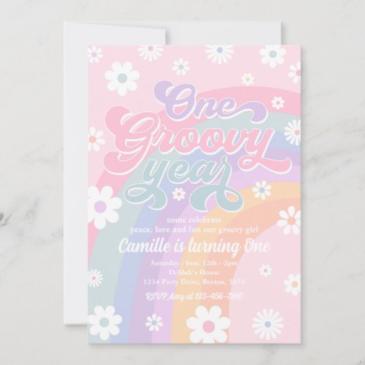1 Jahr Retro Daisy Pink Rainbow Geburtstag Einladung (Vorderseite)