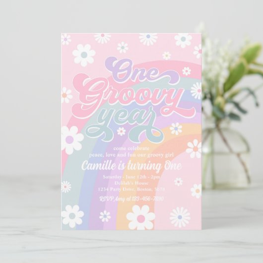 1 Jahr Retro Daisy Pink Rainbow Geburtstag Einladung (Stehend Vorderseite)