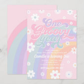 1 Jahr Retro Daisy Pink Rainbow Geburtstag Einladung (Vorne/Hinten)