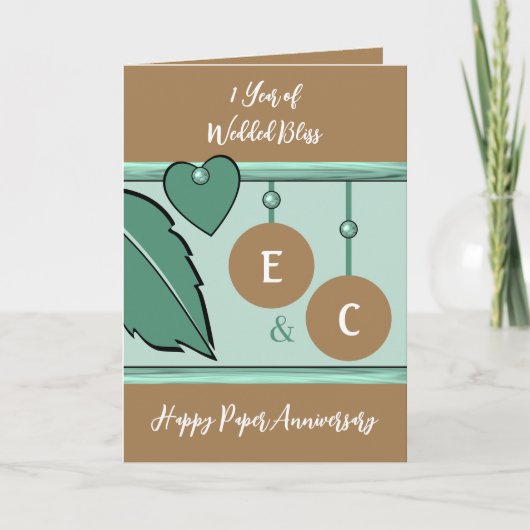 1-jähriges Papierjubiläum Initialen von grün braun Karte (Vorderseite)