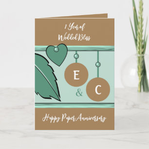 1-jähriges Papierjubiläum Initialen von grün braun Karte