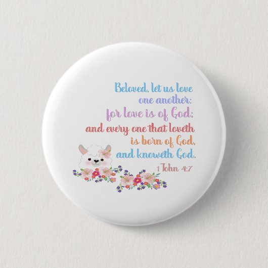 1 Johannes 4,7 Bibelvers Regenbogen Text Button (Vorderseite)