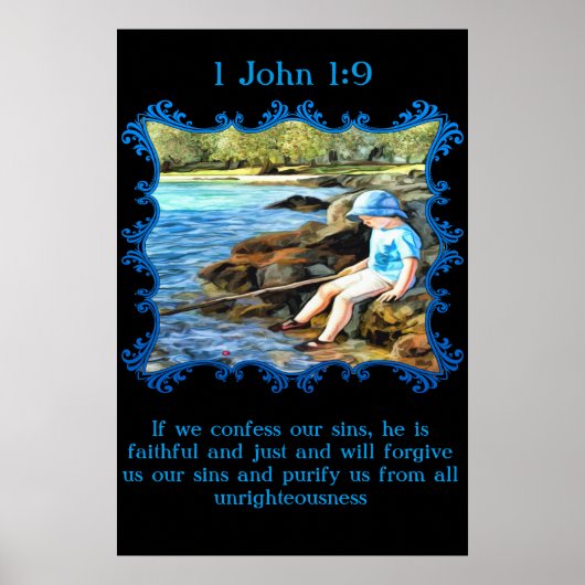 1 John 1:9 Baby Junge fischen im Fluss. Poster (Vorne)