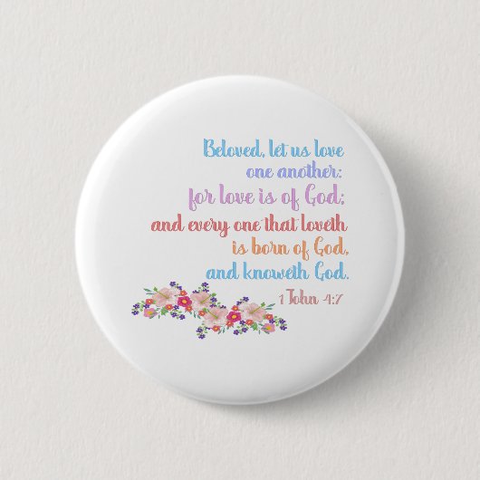 1 John 4:7 Bible Verse Regenbogentext Button (Vorderseite)