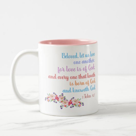 1 John 4:7 Bible Verse Regenbogentext Zweifarbige Tasse (Links)