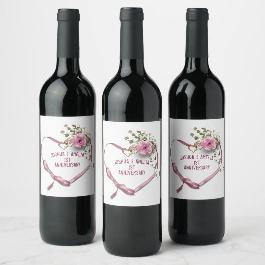 1. Jubiläum Rosa Herz-Band-Weinlabel Weinetikett (Flaschen)