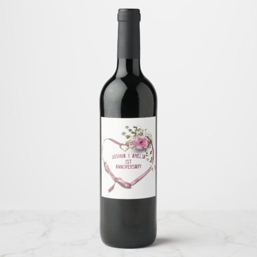 1. Jubiläum Rosa Herz-Band-Weinlabel Weinetikett (Vorderseite)