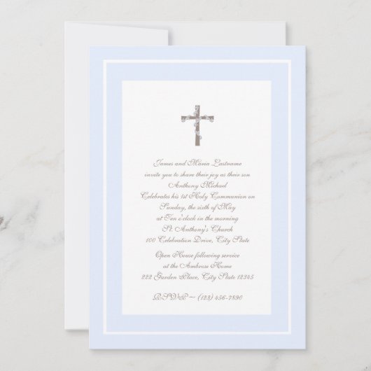 1. Kommunion Weich blau und braun Einladung (Vorderseite)