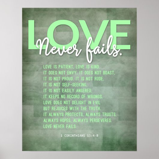 1 Korinther 13:4-8 Bibelverse, Grüne Grunge Poster (Vorne)