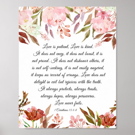 1 Korinther 13:4-8 Liebe ist Patient Pink Floral Poster (Vorne)