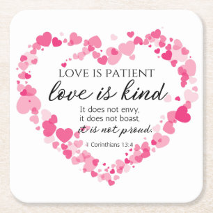 1 Korinther 13:4 Liebe ist Patient rosa Herzen Rechteckiger Pappuntersetzer