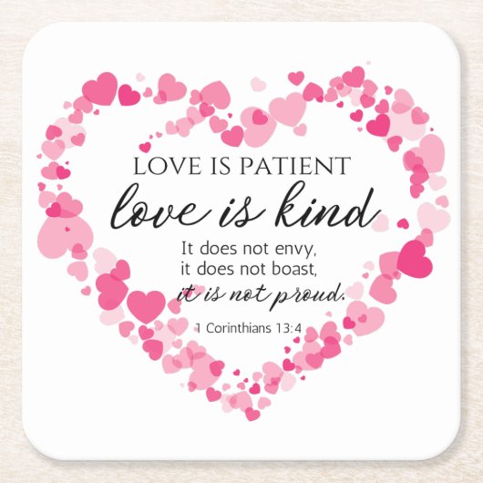 1 Korinther 13:4 Liebe ist Patient rosa Herzen Rechteckiger Pappuntersetzer (Vorderseite)