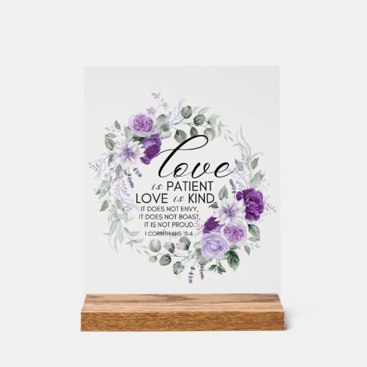 1 Korinther 13:4 Liebe ist Patient Violet Floral Acrylschild (Vorderseite)