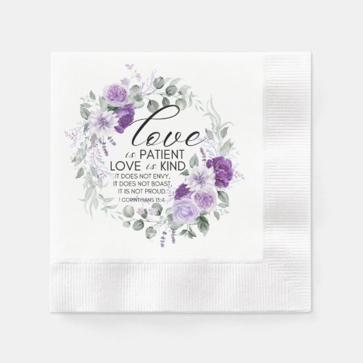 1 Korinther 13:4 Liebe ist Patient Violet Floral Serviette (Vorderseite)