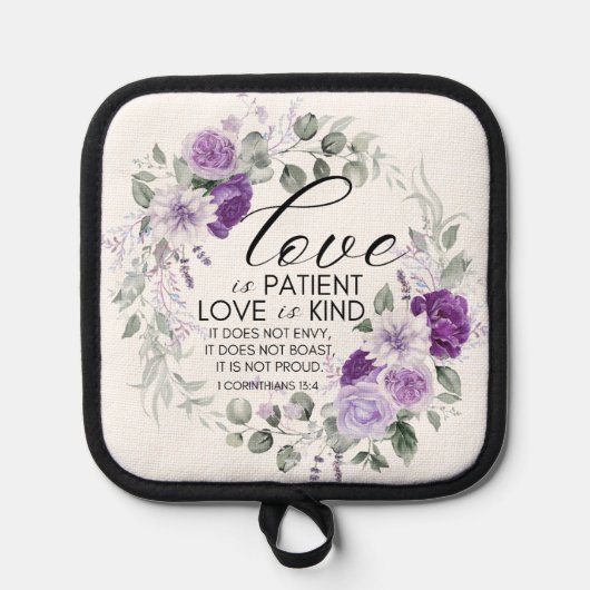1 Korinther 13:4 Liebe ist Patient Violet Floral Topflappen (Vorderseite)