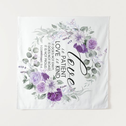 1 Korinther 13:4 Liebe ist Patient Violet Floral Wandteppich (Vorderseite (Horizontal))