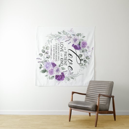 1 Korinther 13:4 Liebe ist Patient Violet Floral Wandteppich (Beispiel (Horizontal))