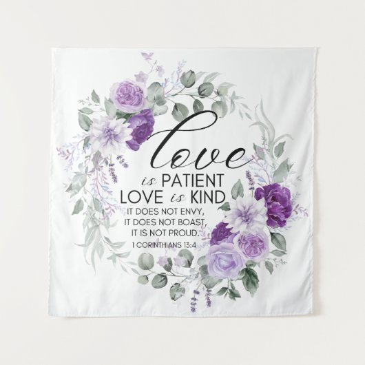 1 Korinther 13:4 Liebe ist Patient Violet Floral Wandteppich (Vorderseite)