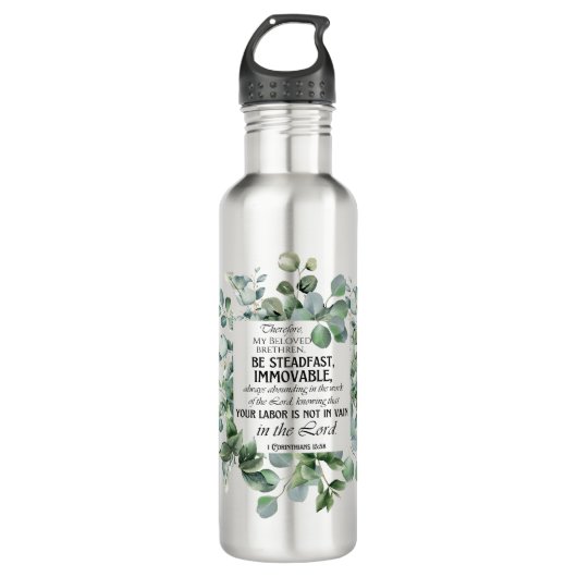 1 Korinther 15:58 Inspirational Verse Eukalyptus Edelstahlflasche (Vorderseite)