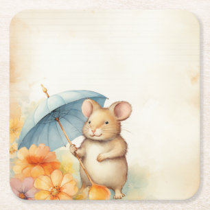 1 Maus mit blauem Regenschirm orange rosa Blumen Rechteckiger Pappuntersetzer