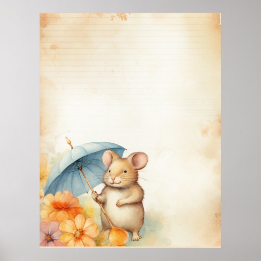 1 Maus mit blauem Schirm orange-rosa Blume Poster (Vorne)