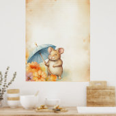 1 Maus mit blauem Schirm orange-rosa Blume Poster (Küche)