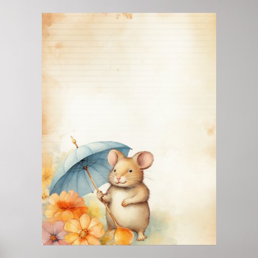 1 Maus mit blauem Schirm orange-rosa Blume Poster (Vorne)