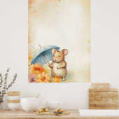 1 Maus mit blauem Schirm orange-rosa Blume Poster (Küche)